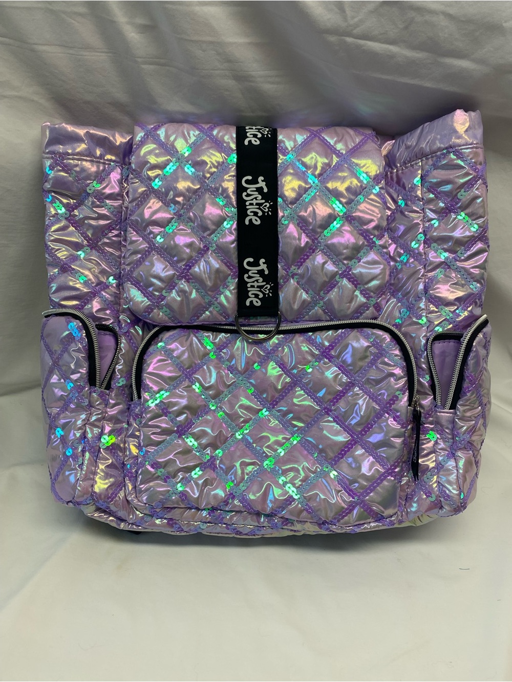 NWOT Justice Iridescent Quilted Lavender Backpack, sequin, Y2K, snap closure